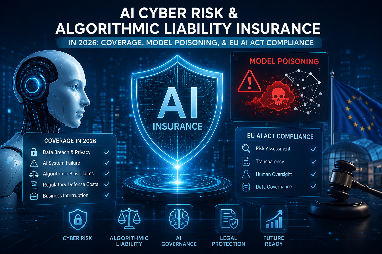 AI cyber risk and algorithmic liability insurance in 2026, covering model poisoning and EU AI Act compliance