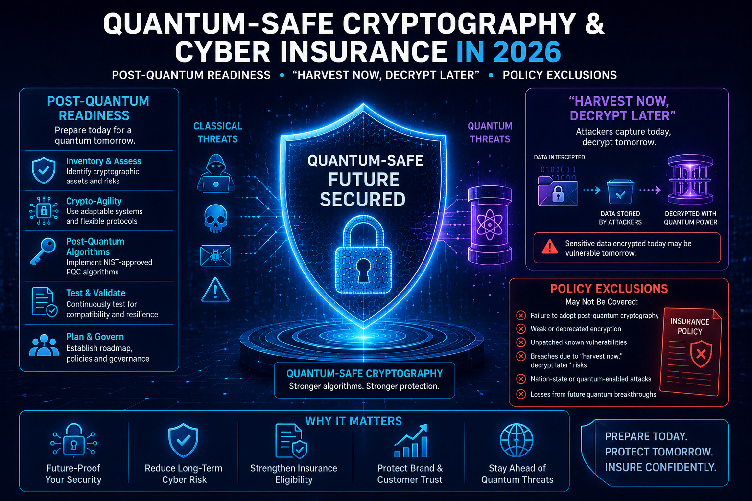 A high-tech digital illustration representing post-quantum cryptography and cyber insurance, showing a glowing quantum processor lattice interfacing with a post-quantum cryptographic shield guarding enterprise data.