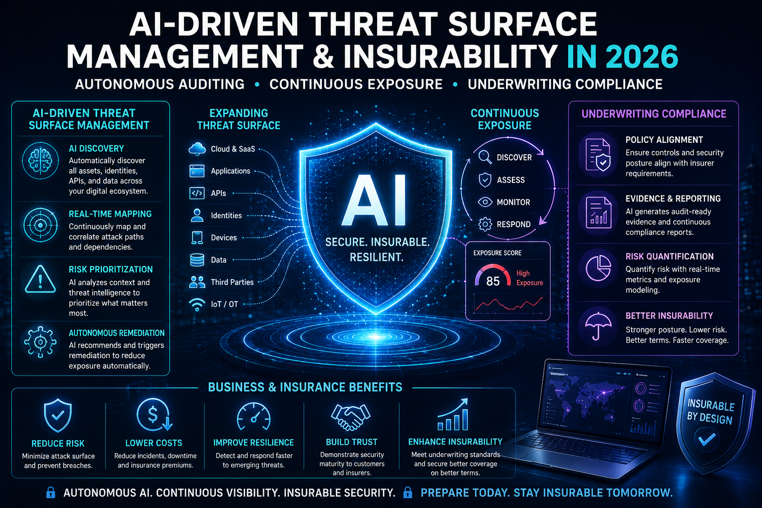 Digital representation of AI-driven attack surface management dashboard monitoring corporate network nodes.