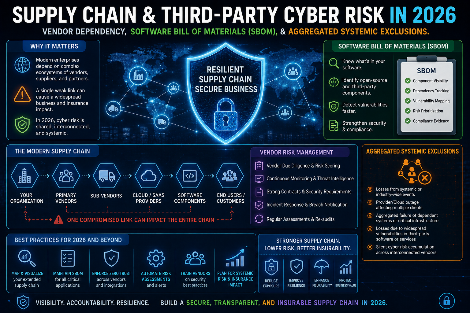 Conceptual digital visual representing digital supply chain security, software bill of materials, and vendor risk management.