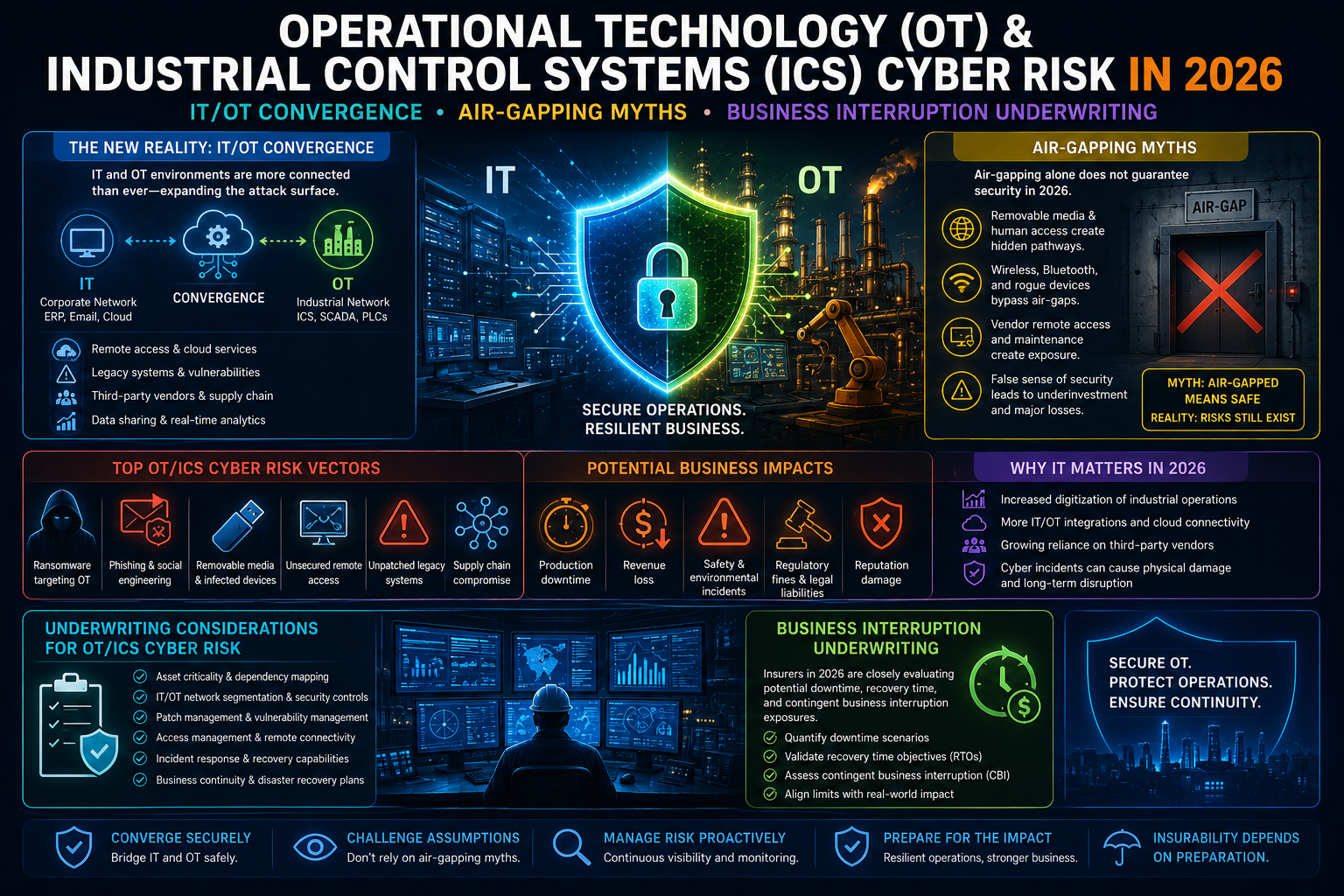 Digital representation of industrial control systems, SCADA security, and smart factory network protection.