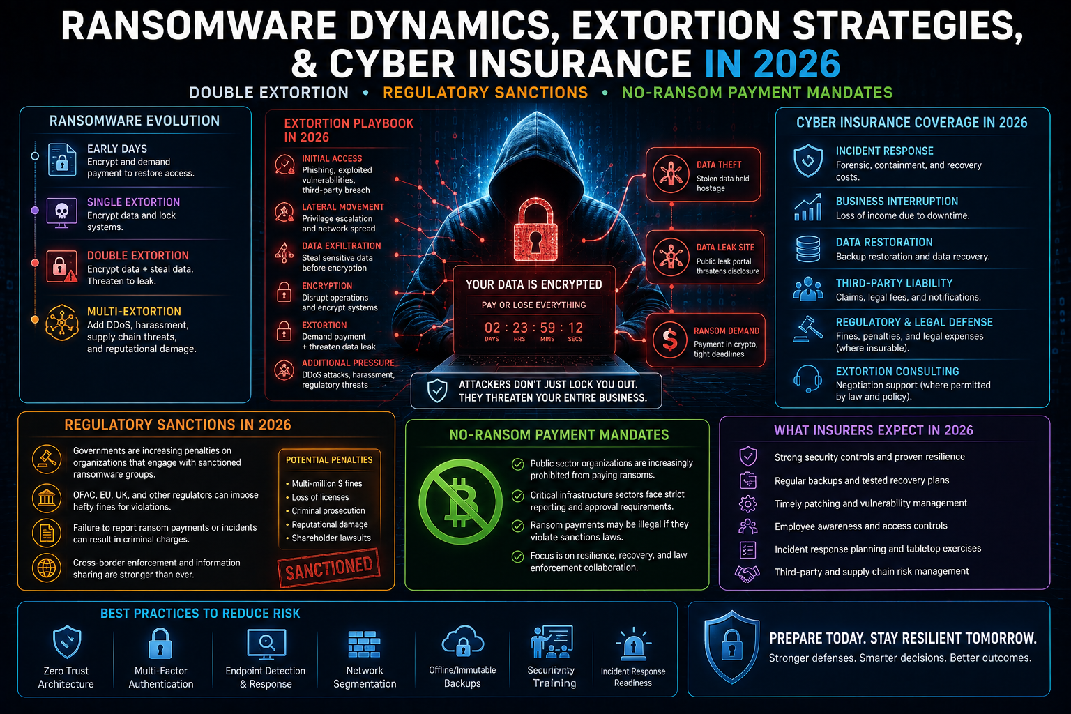 Conceptual digital artwork representing cyber extortion defense, encrypted data vaults, and ransomware mitigation.