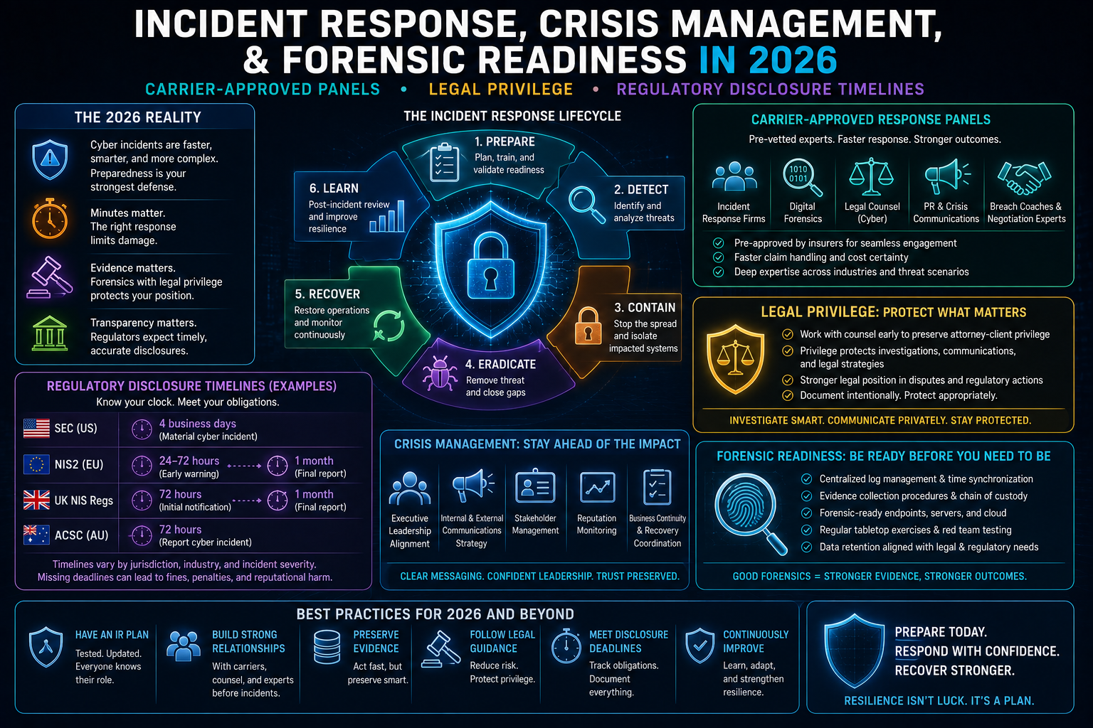 Digital representation of a centralized cyber incident response war room monitoring network threats and legal compliance metrics.