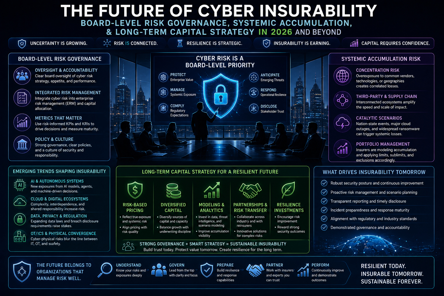 Conceptual digital visual representing corporate board risk governance, post-quantum cryptography, and global cyber risk strategy.