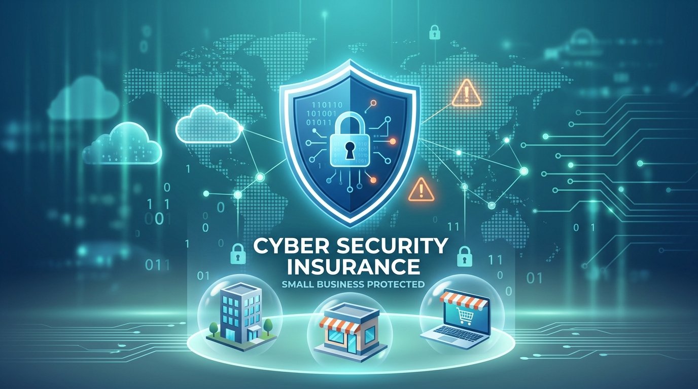 A digital shield with a lock icon protecting a small office, shop, and laptop, symbolizing small business cyber security insurance and data protection.